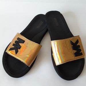 Michael Kors Iridescent Gold Eli slides MK logo